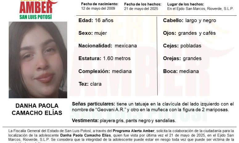 Activan Alerta Amber para localizar a una adolescente en Rioverde