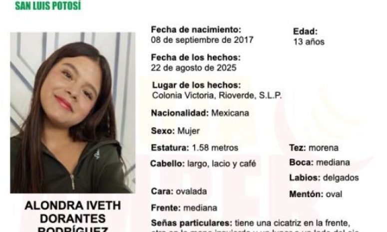 Emiten Alerta Amber para localizar a adolescente en Rioverde