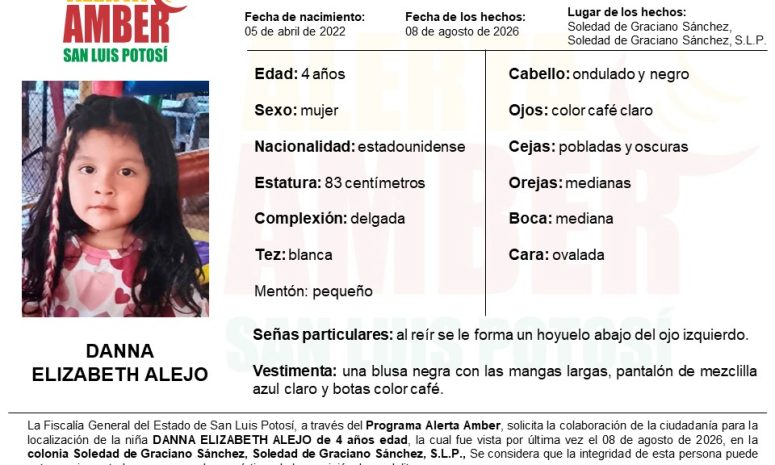 Activan Alerta Amber para localizar a niña de 4 años en Soledad