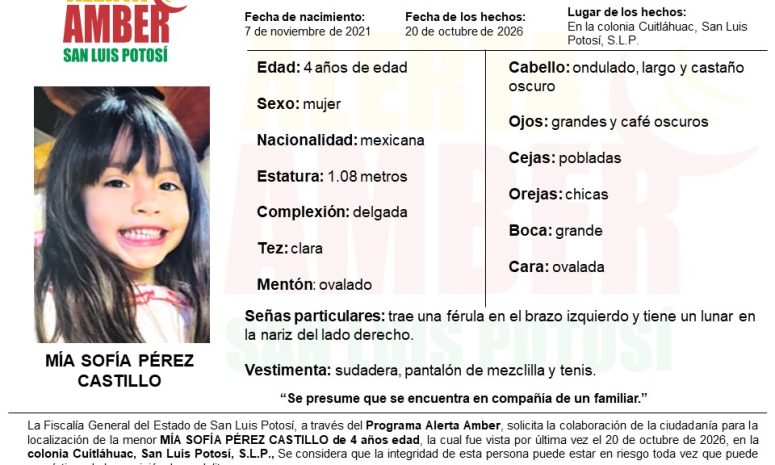 Activan Alerta Amber por desaparición de niña de 4 años en SLP